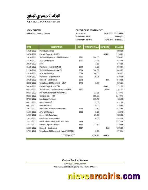 Yemen Central Bank of Yemen bank statement, Excel and PDF